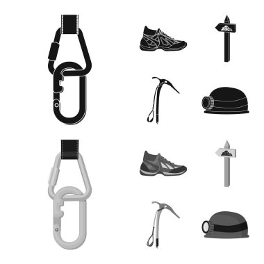 Tasarım tırmanışla ve en yüksek işareti vektör. Bir tırmanışla ve hisse senedi için kamp vektör simge kümesi.