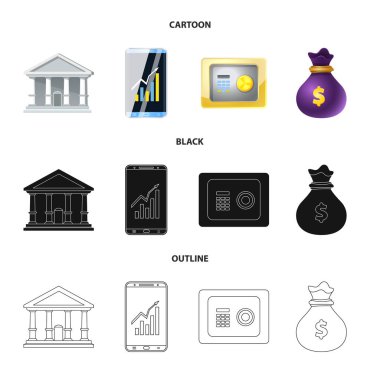Banka ve para logo vektör Illustration. Hisse senedi için banka ve bill vektör simge kümesi.