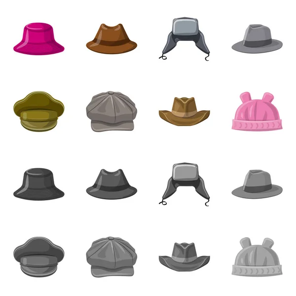 帽子とキャップ アイコンのベクター デザイン。帽子および車両用アクセサリーのベクトルのアイコンのセット. — ストックベクタ