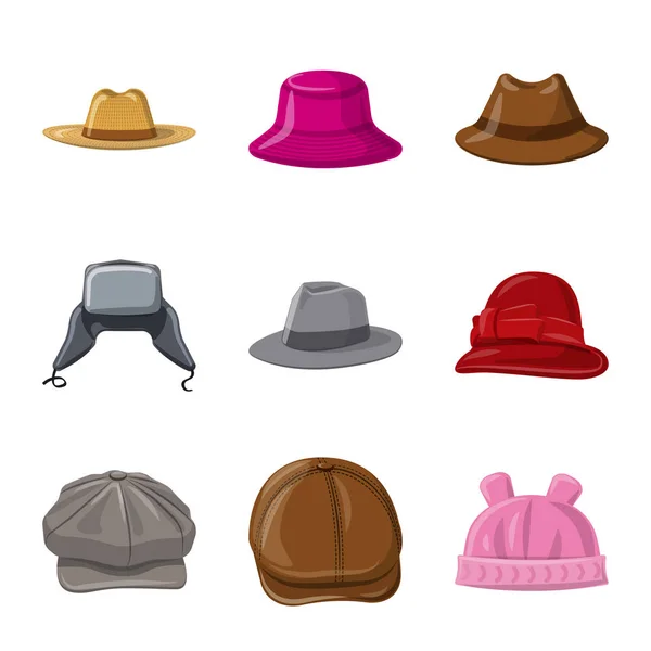 모자와 모자 로고의 고립 된 개체입니다. 모자와 재고에 대 한 액세서리 벡터 아이콘의 컬렉션. — 스톡 벡터