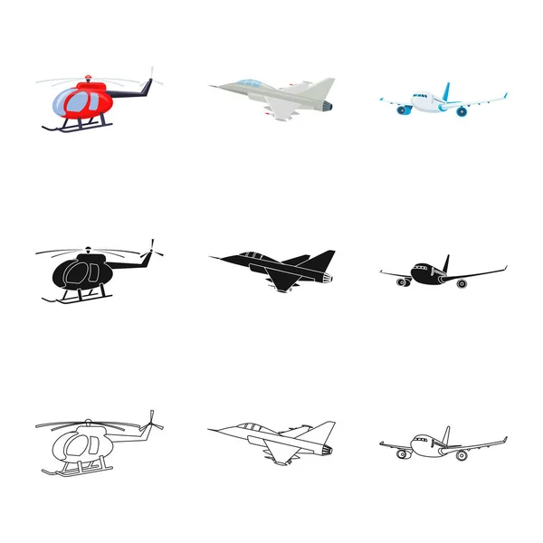 Conception vectorielle de l'avion et du panneau de transport. Collection de plan et ciel stock symbole pour le web . — Image vectorielle