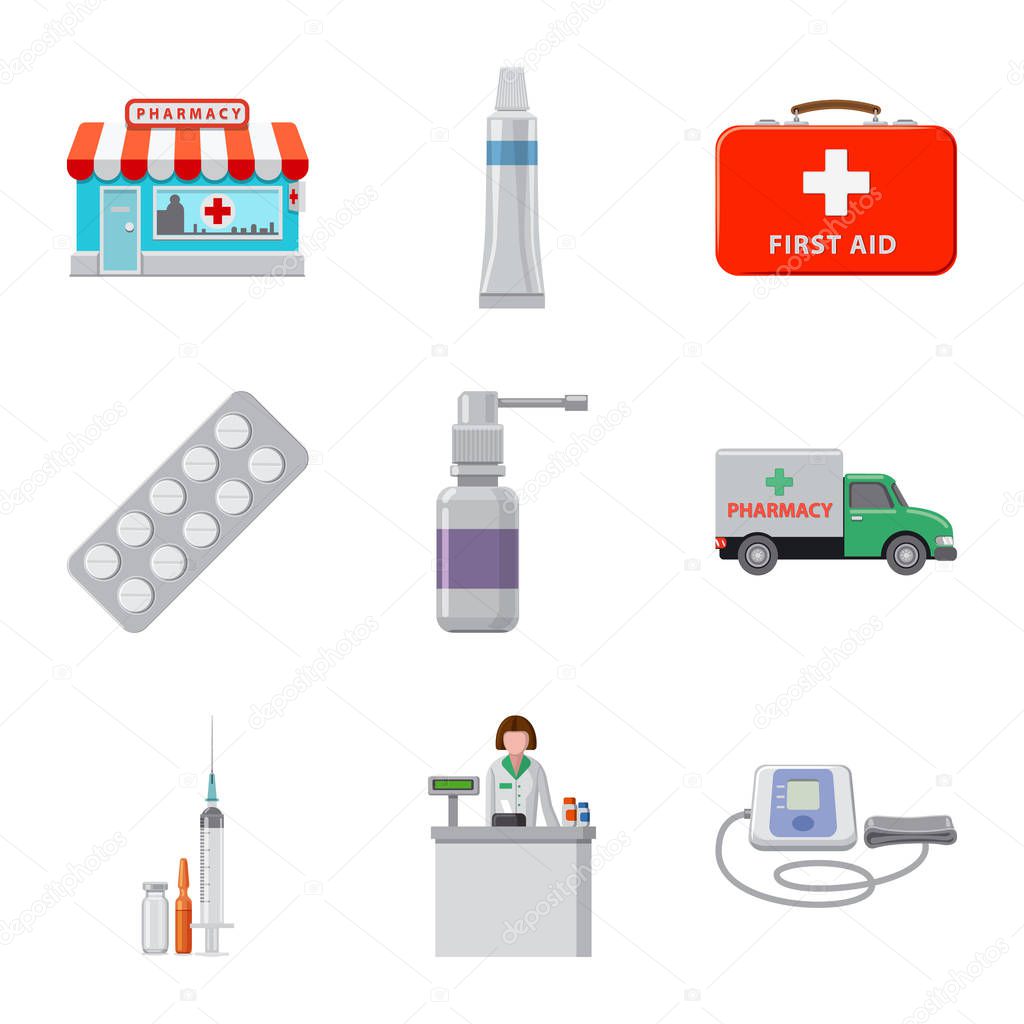 Vector illustration of pharmacy and hospital sign. Set of pharmacy and business vector icon for stock.