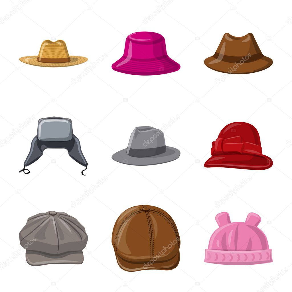 Vector design of headwear and cap icon. Set of headwear and accessory stock symbol for web.