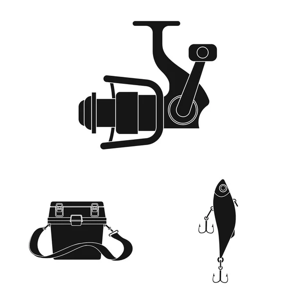 Ilustração vetorial de peixe e logotipo da pesca. Coleta de peixes e equipamentos ilustração vetor estoque . — Vetor de Stock