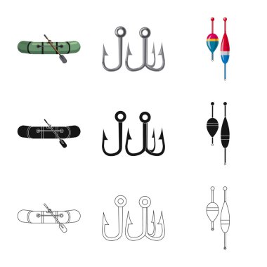 Balık ve balık tutma logo izole nesne. Balık ve ekipman hisse senedi vektör çizim seti.