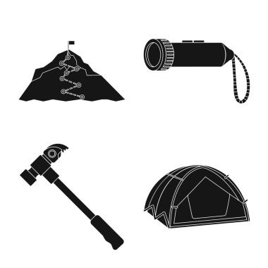Tırmanışla ve tepe logo yalıtılmış nesne. Tırmanışla ve hisse senedi için kamp vektör ikon koleksiyonu.