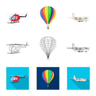Uçak ve taşıma simge vektör tasarımı. Hisse senedi için uçak ve gökyüzü vektör simge kümesi.