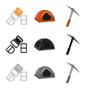 Tırmanışla ve tepe simge vektör tasarımı. Bir tırmanışla ve hisse senedi için kamp vektör simge kümesi.