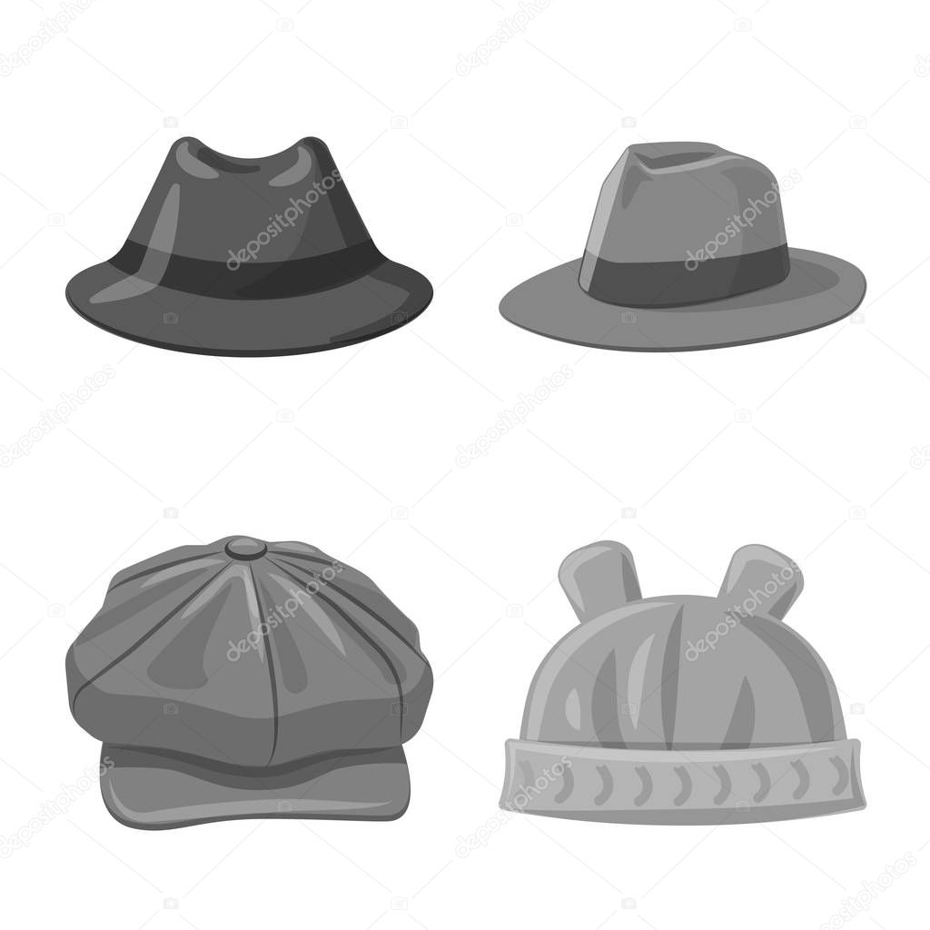 Vector illustration of headwear and cap sign. Set of headwear and accessory stock vector illustration.