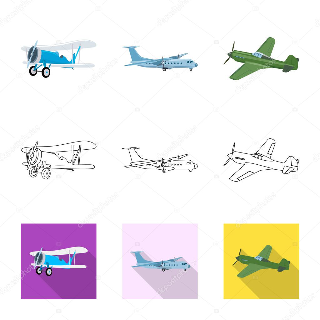Vector illustration of plane and transport logo. Set of plane and sky vector icon for stock.