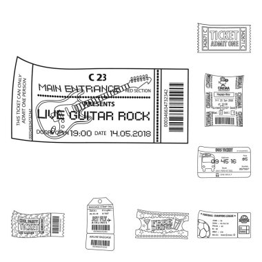 Bilet ve giriş logo vektör tasarımı. Web için bilet ve olay hisse senedi simgesi topluluğu.