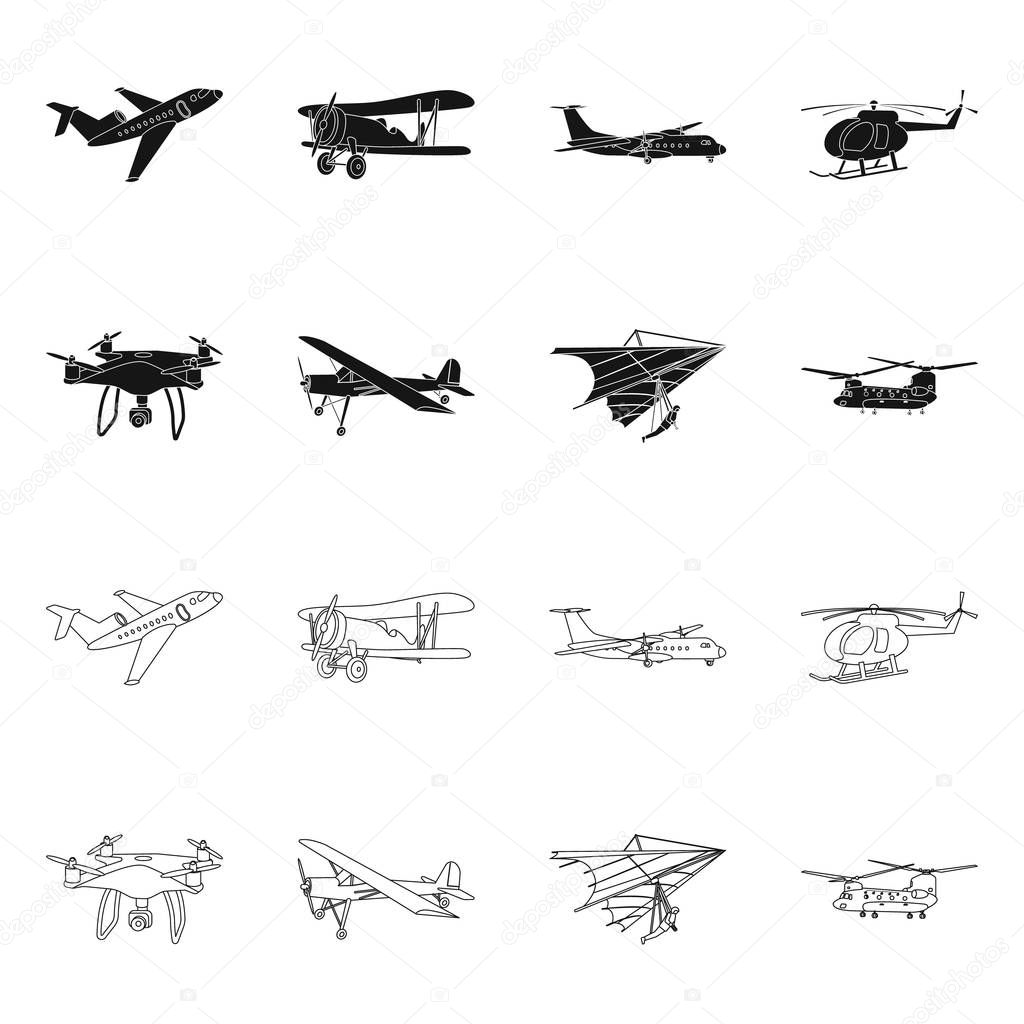 Vector illustration of plane and transport icon. Set of plane and sky vector icon for stock.