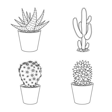Kaktüs ve pot simge vektör Illustration. Kaktüs ve kaktüsler hisse senedi vektör çizim koleksiyonu.