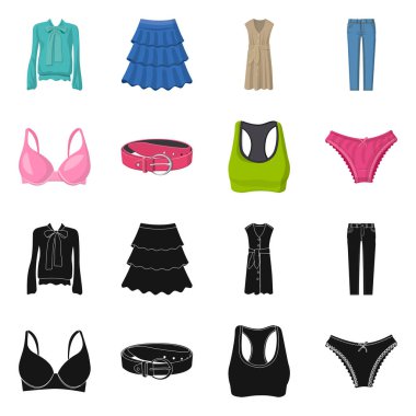 Kadın ve giyim logo vektör çizimi. Kadın ayarla ve vektör simge stok giyim.