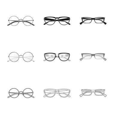 Gözlük illüstrasyon vektör ve işareti çerçeve. Gözlük ve hisse senedi için aksesuar vektör ikon koleksiyonu.