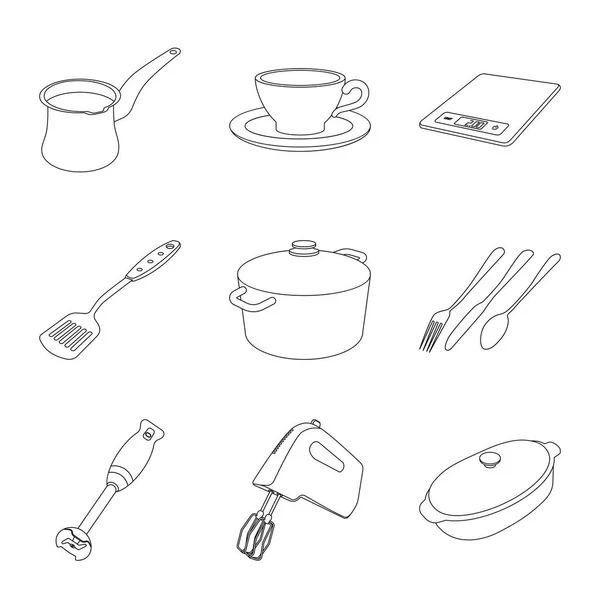Oggetto isolato di cucina e segno cuoco. Raccolta di illustrazione vettoriale della cucina e degli elettrodomestici . — Vettoriale Stock