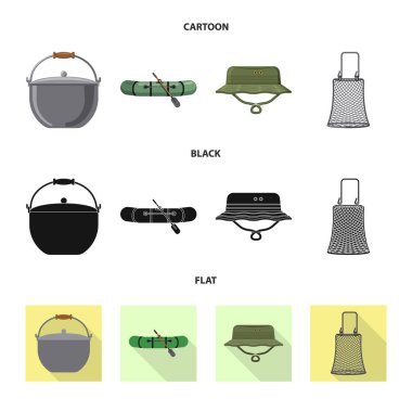 Balık ve balık tutma işareti izole nesne. Web için balık ve ekipman hisse senedi simgesi kümesi.