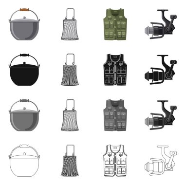 Balık ve balık tutma simgesi izole nesne. Web için balık ve ekipman hisse senedi simgesi kümesi.