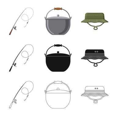 Balık ve balık tutma işareti vektör tasarımı. Web için balık ve ekipman hisse senedi simgesi kümesi.