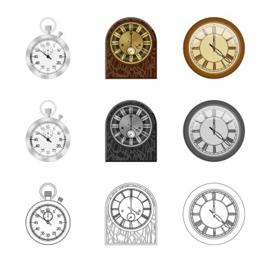 Saat ve saat simgesi yalıtılmış nesne. Hisse senedi için saat ve daire vektör simge kümesi.