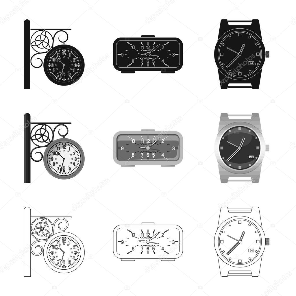 Vector illustration of clock and time symbol. Set of clock and circle stock vector illustration.
