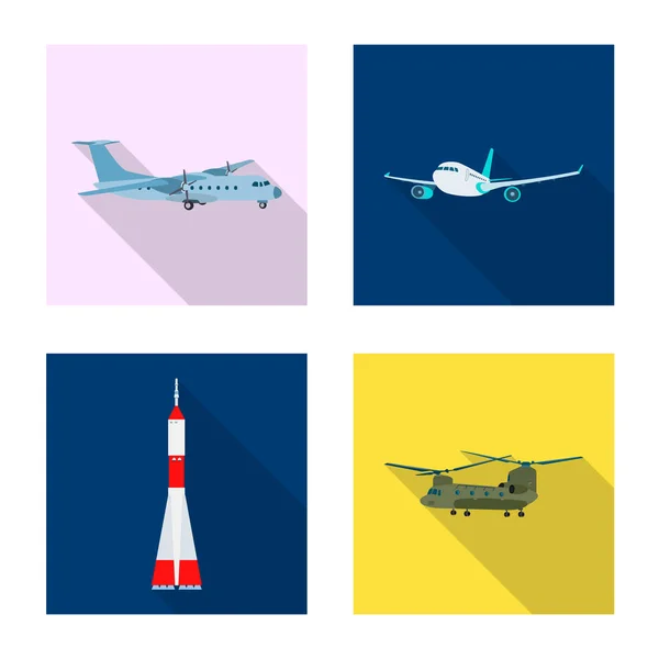 Vectorillustratie van pictogram vliegtuig en vervoer. Set van vliegtuig en hemel vector pictogram voor voorraad. — Stockvector