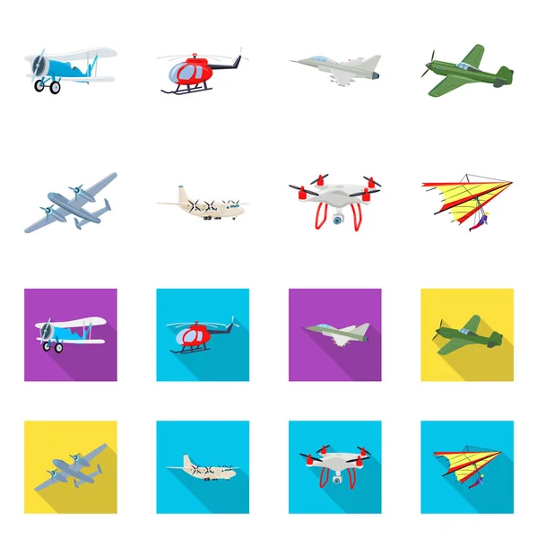 Objeto isolado de avião e ícone de transporte. Coleção de plano e céu estoque vetor ilustração . — Vetor de Stock