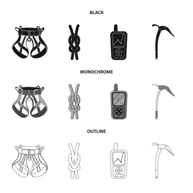 Dağcılık ve tepe simge vektör tasarımı. Dağcılık ve kamp kümesi web için hisse senedi simgesi.