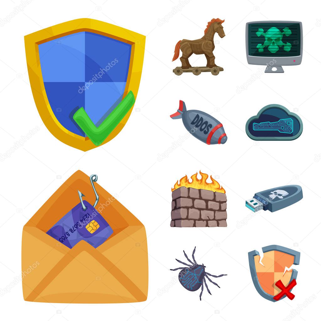 Vector design of virus and secure symbol. Set of virus and cyber stock vector illustration.