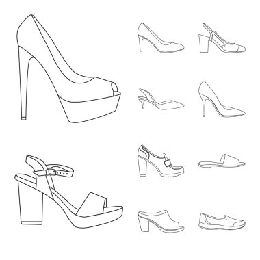 Ayakkabı ve kadın simgesi yalıtılmış nesne. Ayakkabı ve ayak hisse senedi vektör çizim topluluğu.