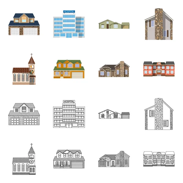 Conception vectorielle du bâtiment et panneau avant. Collection d'illustrations vectorielles de bâtiments et de toitures . — Image vectorielle