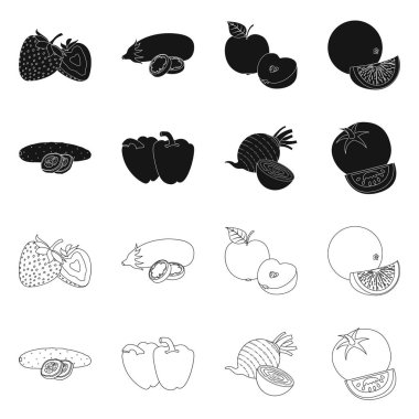 Sebze ve meyve simge vektör tasarımı. Hisse senedi için sebze ve vejeteryan vektör simge kümesi.