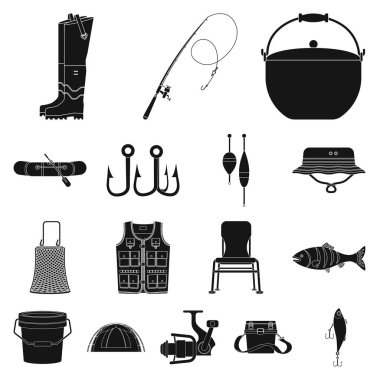 Balık ve balık tutma logo vektör çizimi. Web için balık ve ekipman hisse senedi simgesi kümesi.