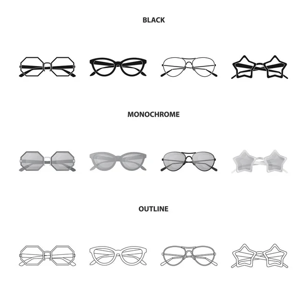 Gözlük ve güneş gözlüğü işareti vektör tasarımı. Gözlük ve hisse senedi için aksesuar vektör ikon koleksiyonu. — Stok Vektör