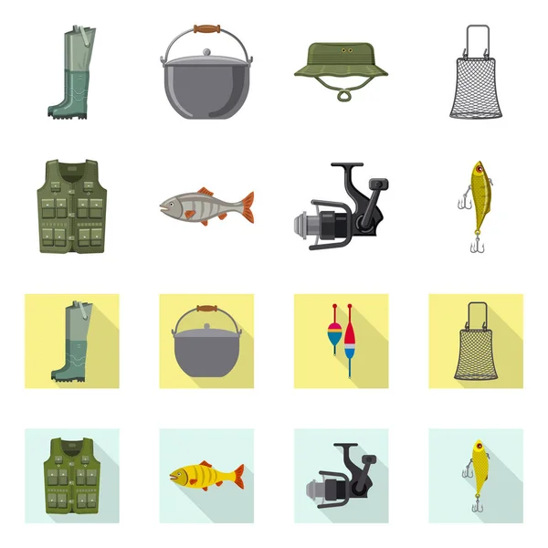 Diseño vectorial de peces y letrero de pesca. Conjunto de peces y equipo símbolo de stock para web . — Vector de stock