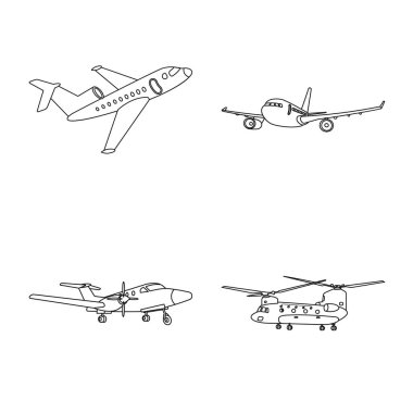 Uçak ve taşıma işareti yalıtılmış nesne. Uçak ve gökyüzü hisse senedi vektör çizim seti.