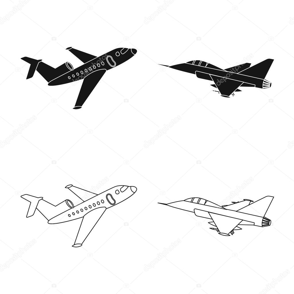 Vector illustration of plane and transport symbol. Set of plane and sky stock vector illustration.