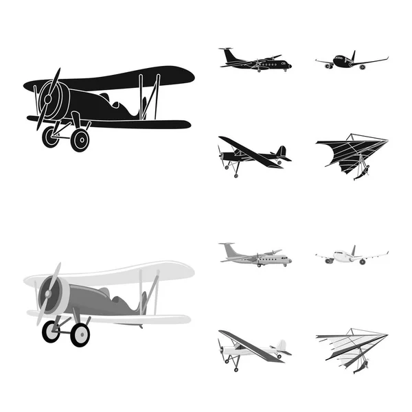Vektorillustration des Flugzeugs und des Transportsymbols. Sammlung von Flugzeug- und Himmelsvektorillustrationen. — Stockvektor