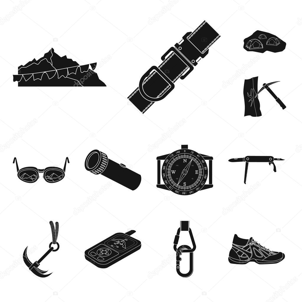 Vector illustration of mountaineering and peak icon. Collection of mountaineering and camp vector icon for stock.