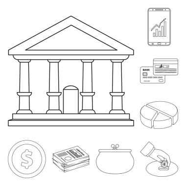 Banka ve para simgesinin vektör tasarımı. Web için banka ve bill hisse senedi simgesi kümesi.