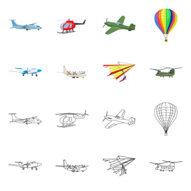 Uçak ve taşıma işareti yalıtılmış nesne. Uçak ve gökyüzü hisse senedi vektör çizim seti.