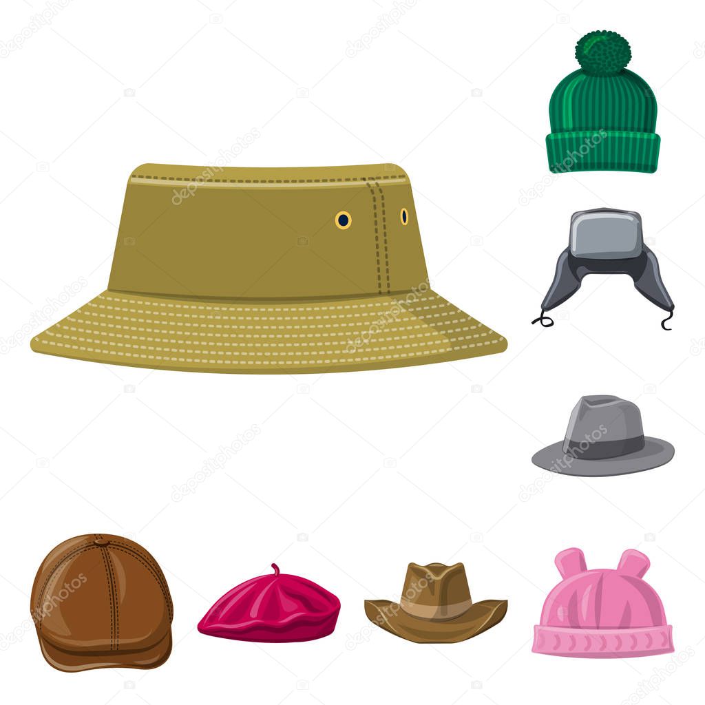 Vector illustration of headgear and cap sign. Collection of headgear and accessory stock symbol for web.
