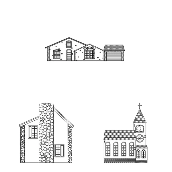 Vektorillustration des Gebäudes und des vorderen Symbols. Set von Vektor-Abbildungen für Gebäude und Dach. — Stockvektor
