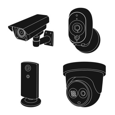 Cctv ve kamera logosu yalıtılmış nesne. Web için cctv ve sistem hisse senedi simgesi kümesi.