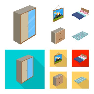 Yatak odası ve oda simge yalıtılmış nesne. Yatak ve mobilya hisse senedi vektör çizim topluluğu.