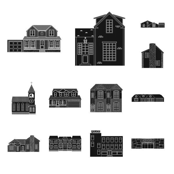 建筑物和前面标志的孤立对象。网站的建筑和屋顶股票符号集. — 图库矢量图片
