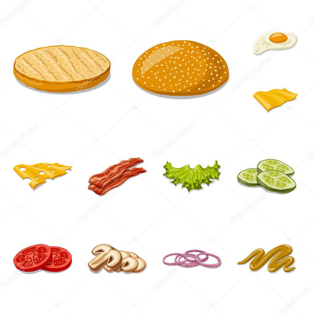 Isolated object of burger and sandwich sign. Collection of burger and slice stock symbol for web.