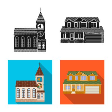 Bina ve açık yalıtılmış nesne sembol. Bina ve çatı hisse senedi vektör çizim koleksiyonu.