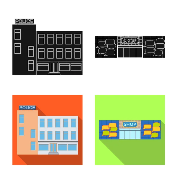 Vektor illustration av byggnaden och främre skylt. Uppsättning av byggnaden och taket vektor ikon för lager. — Stock vektor