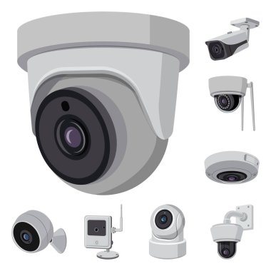 Cctv ve kamera logo vektör tasarımı. Web için cctv ve sistem hisse senedi simgesi kümesi.